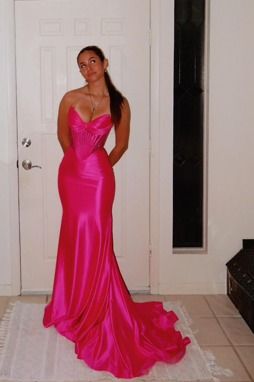 Fuchsia Beaded Corset Mermaid Long Dress