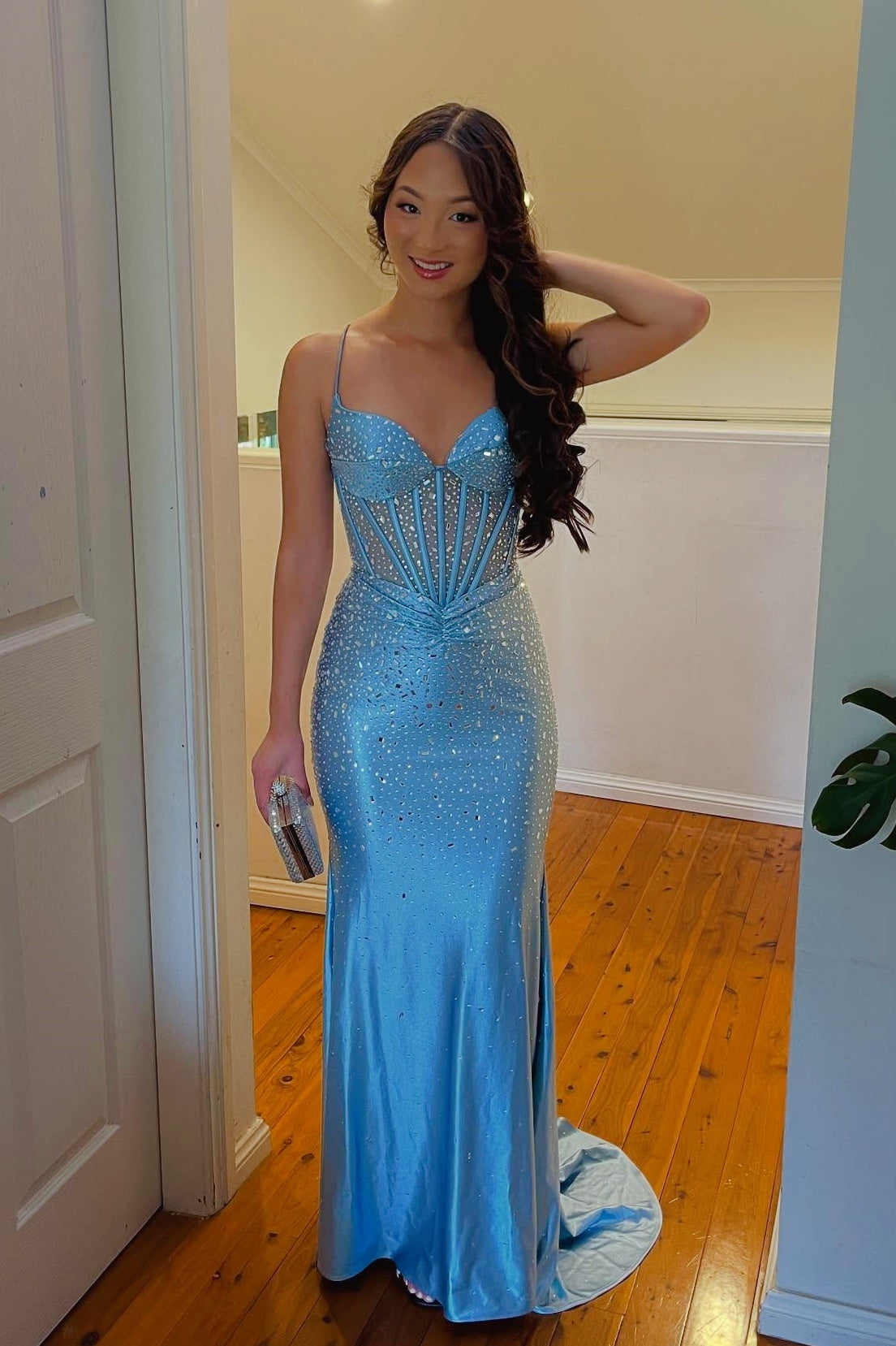 Spaghetti Straps Blue Mermaid Beaded Long Dress