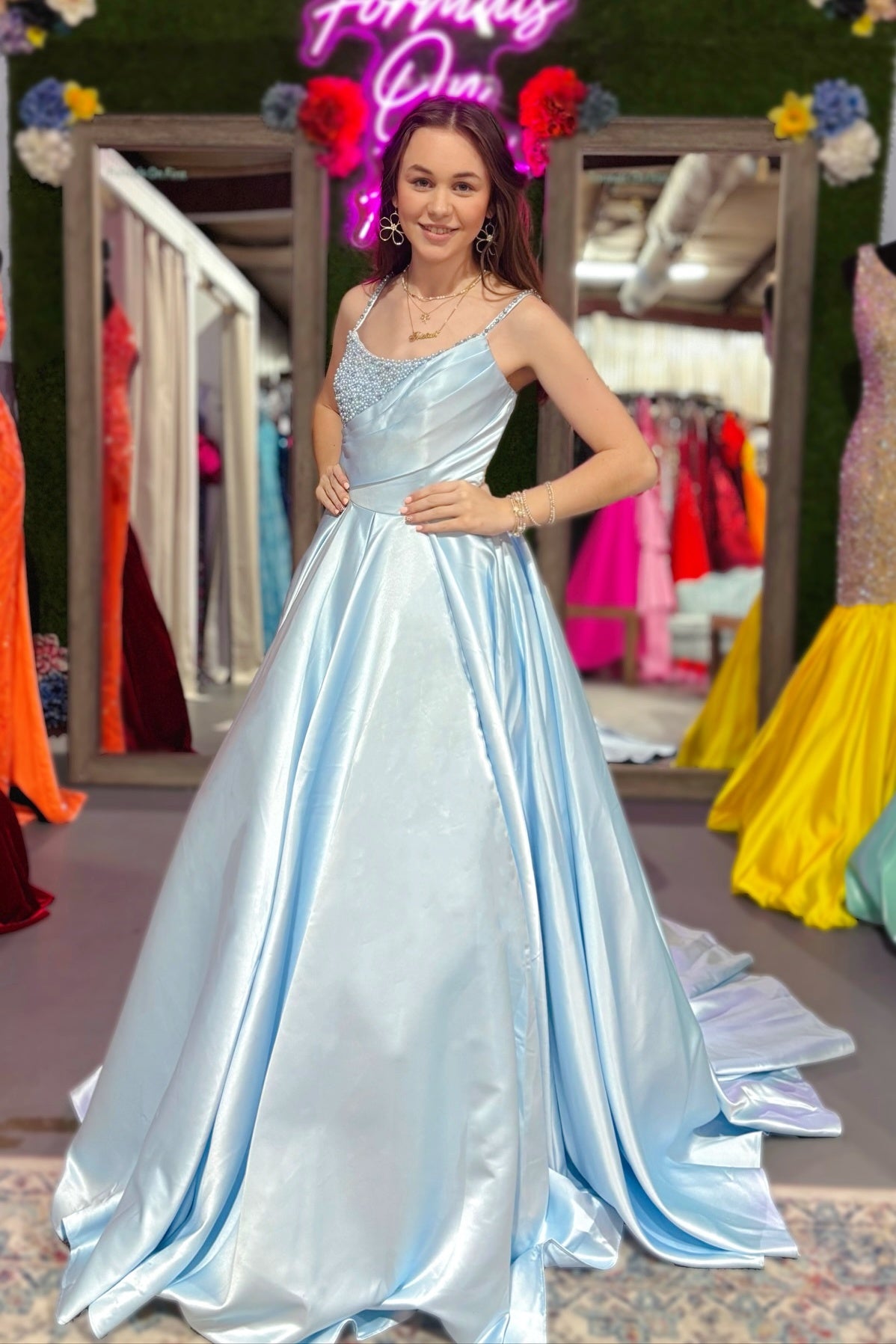 Spaghetti Straps Beaded Light Blue Ball Gown
