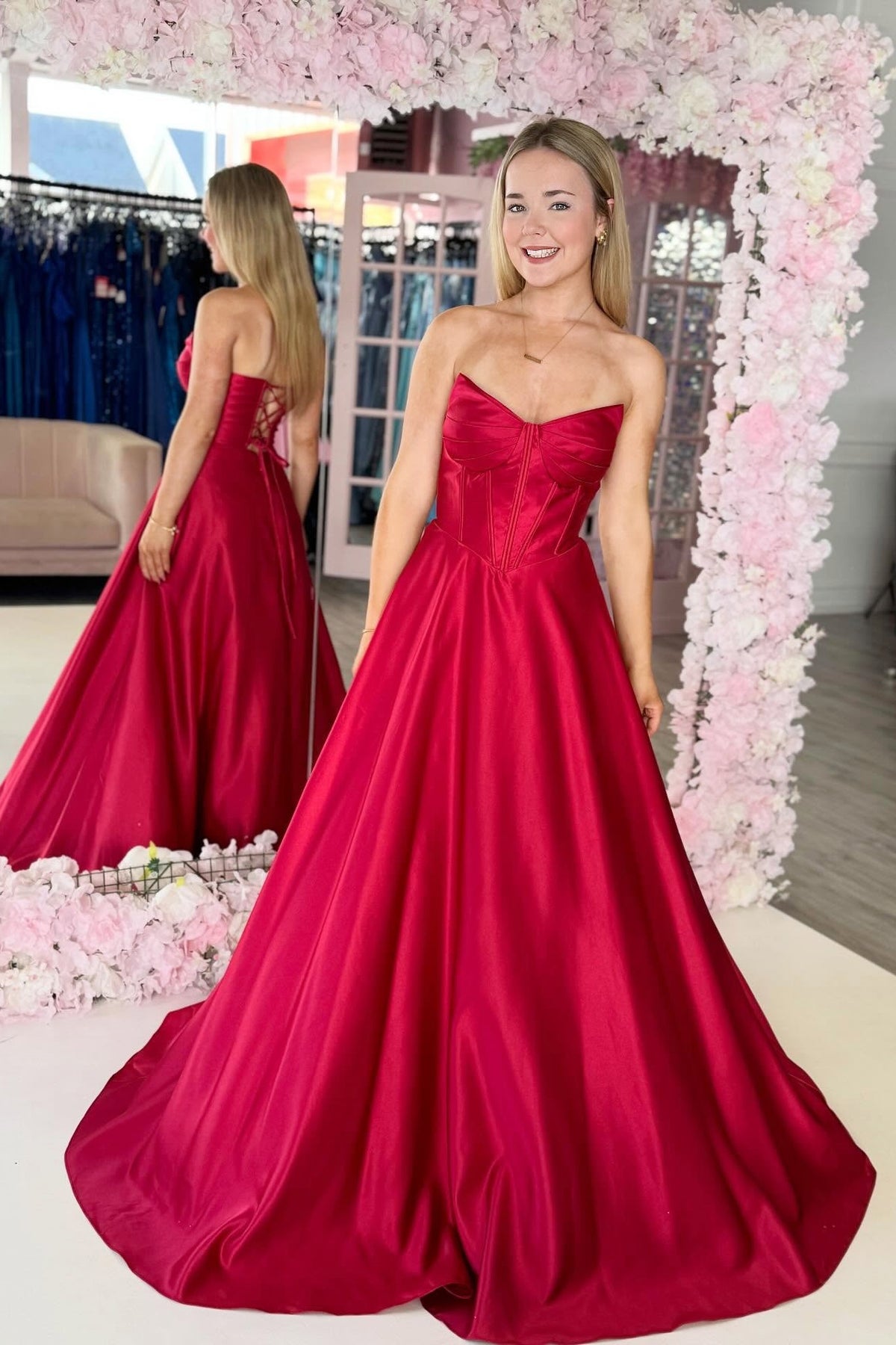 Red Satin V-neck A-line Ball Gown