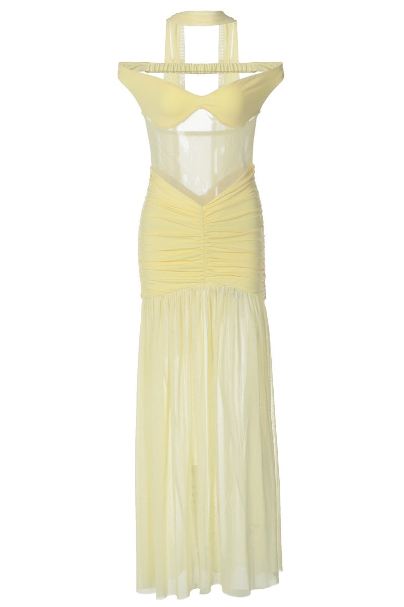 Mesh Panel Fitted Off-the-shoulder Dress