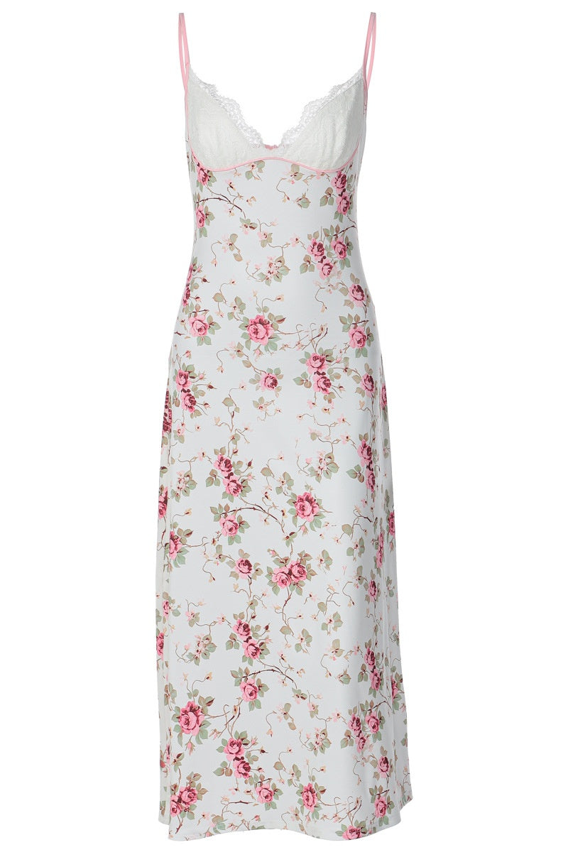 V-neck White Floral Print Spaghetti Strap Dress
