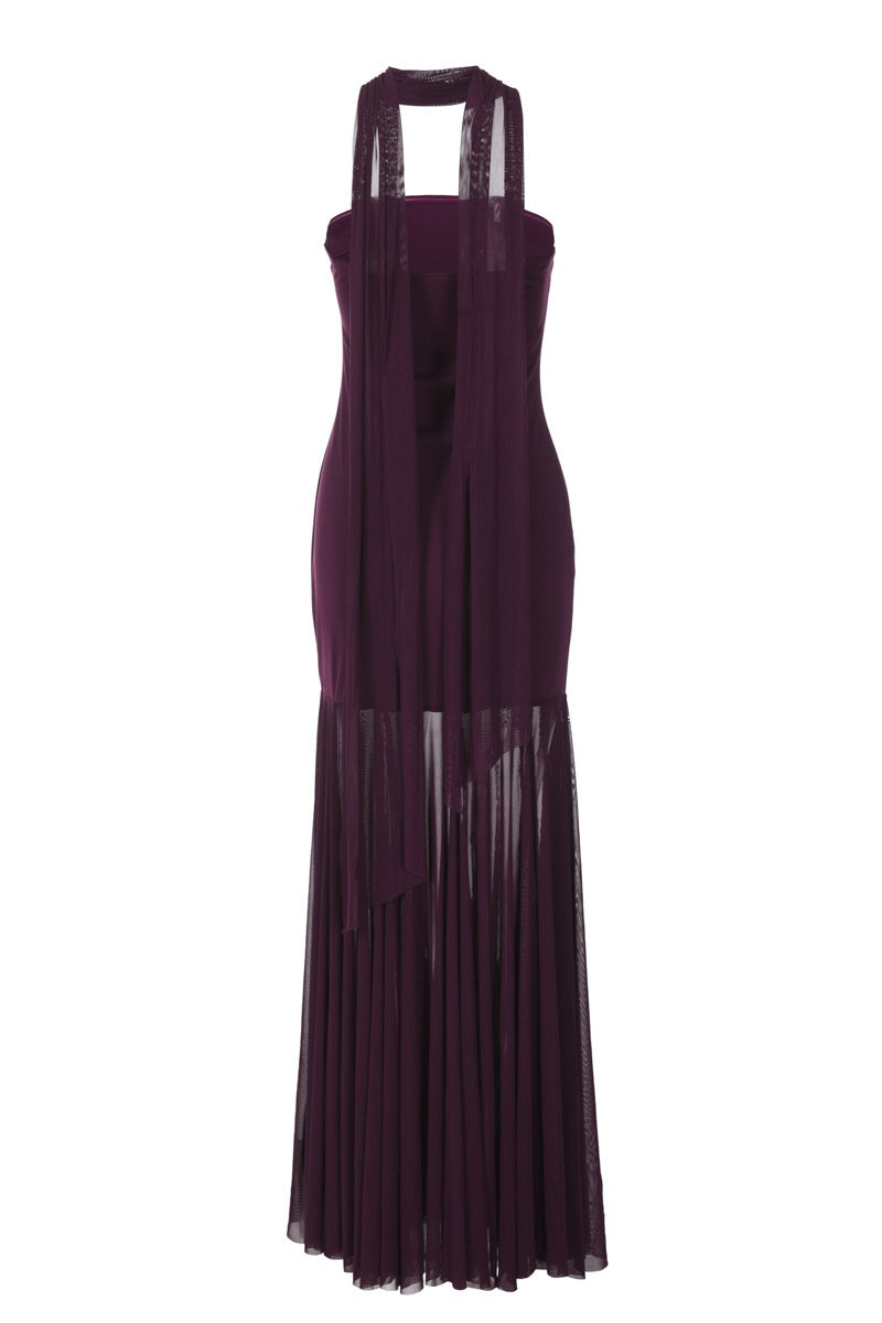 Burgundy Mesh Panel Fitted Dress