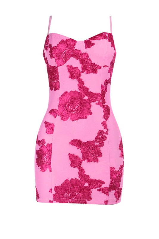 Hot Pink Jacquard Fabric Spaghetti Strap Dress