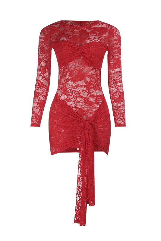Red Lace Twist-front Long-Sleeve Print Dress