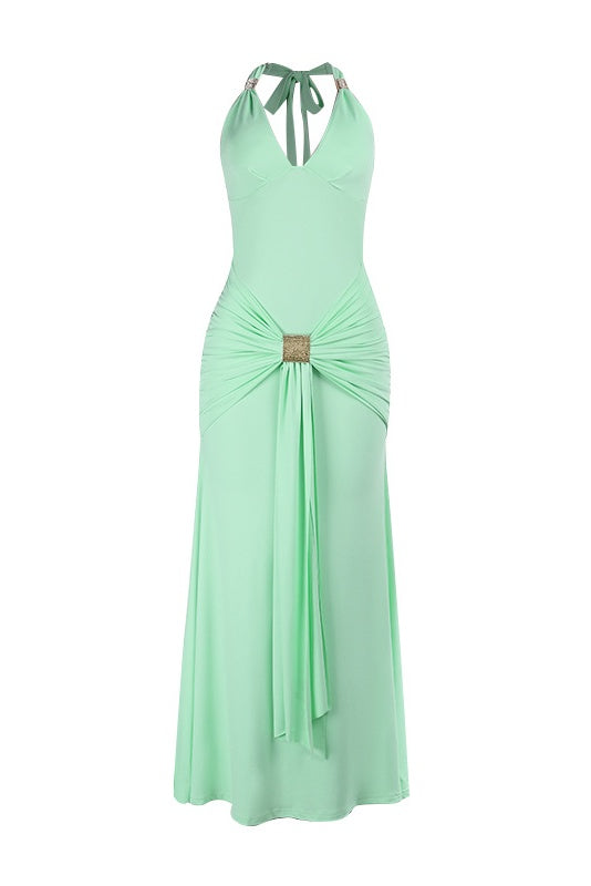 Mint Green Halter V-neck Long Dress