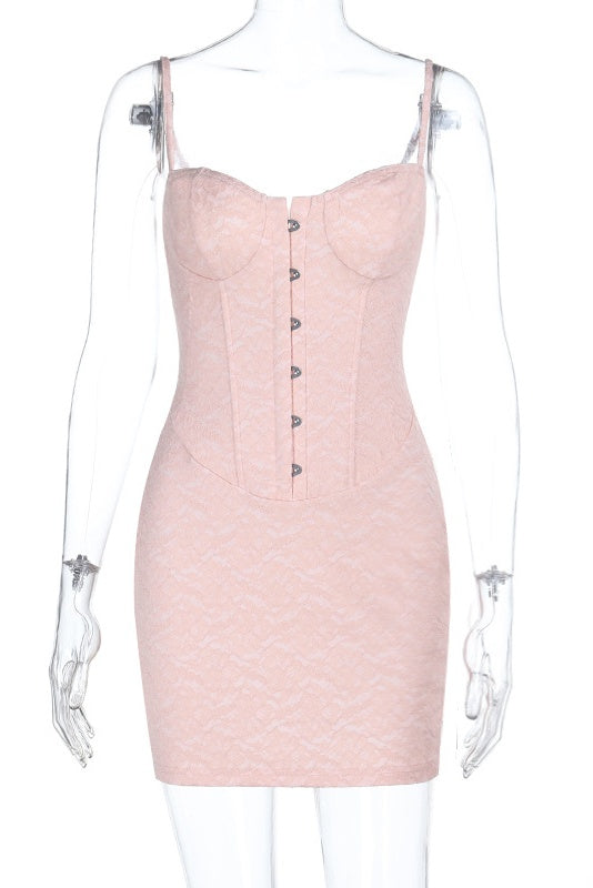 Pink Spaghetti Straps Lace Print Dress