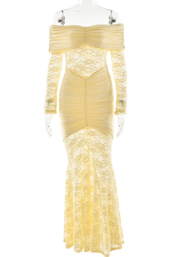 Printed Mesh Patchwork Fitted Off-the-shoulder Dress