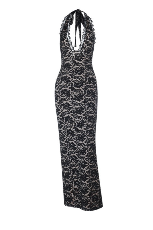 Halter Tie V-neck Lace Print Dress