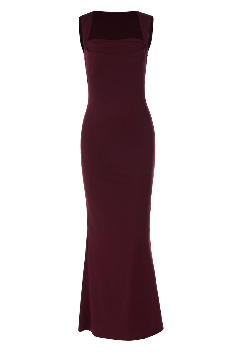 Burgundy Wide-strap Square Long Dress