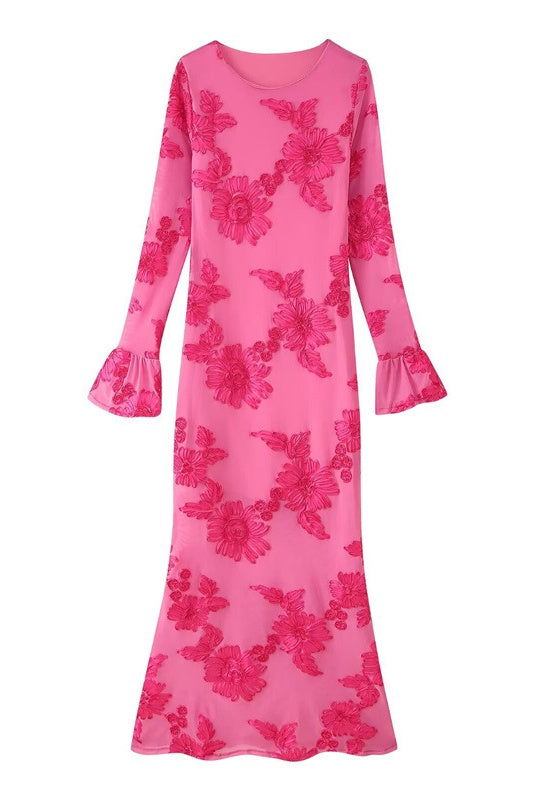 Long Sleeves Jacquard Fabric 3D Printed Floral Dress