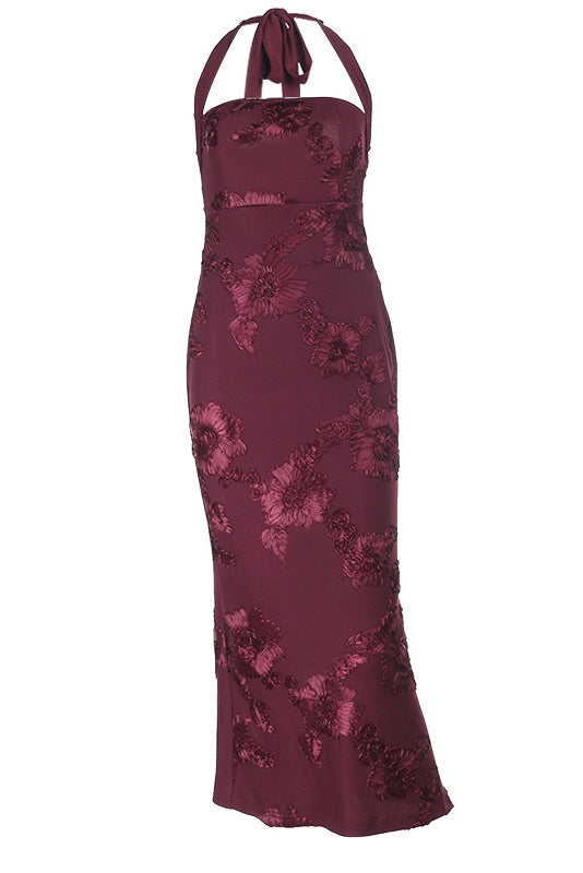 Burgundy Jacquard Fabric 3D Printed Floral Dress