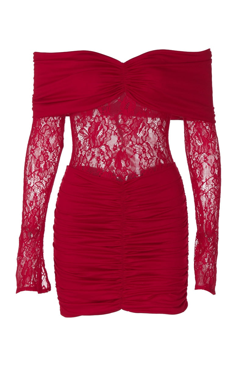 Red Lace Print Long-Sleeve Mini Dress