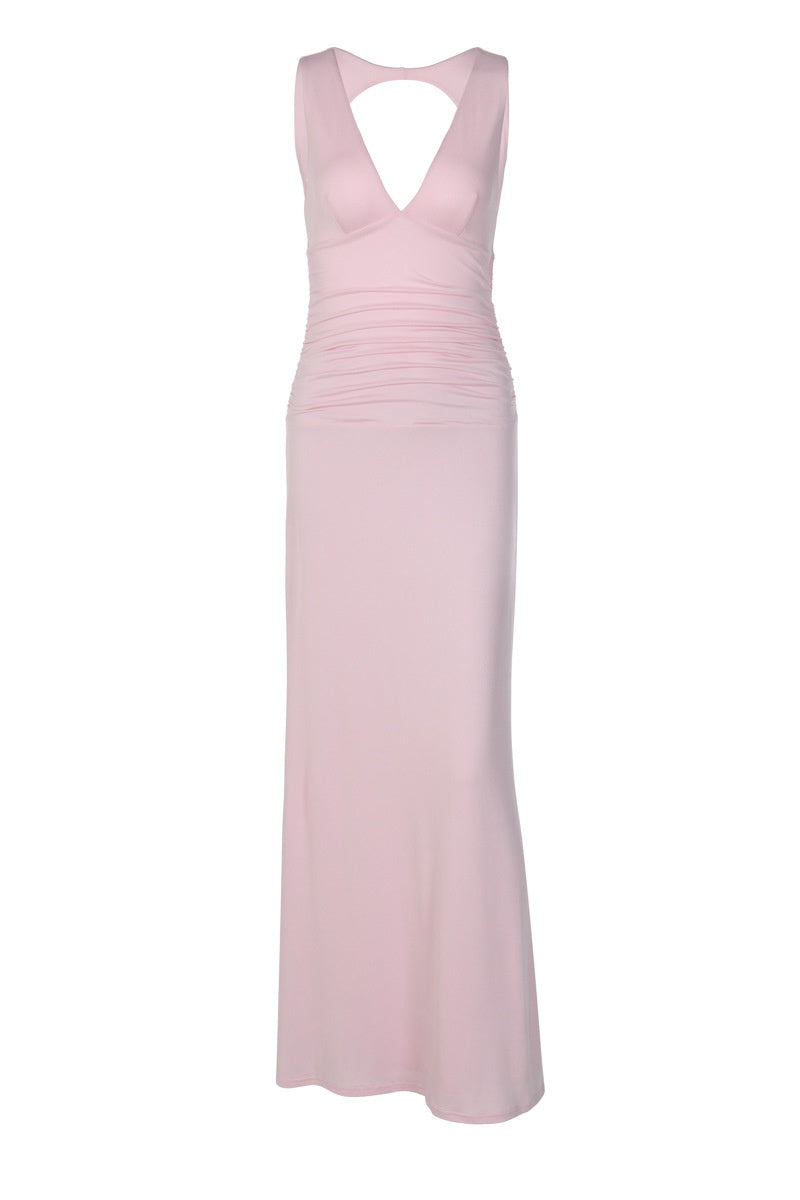 Pink V-neck Long Bodycon Dress