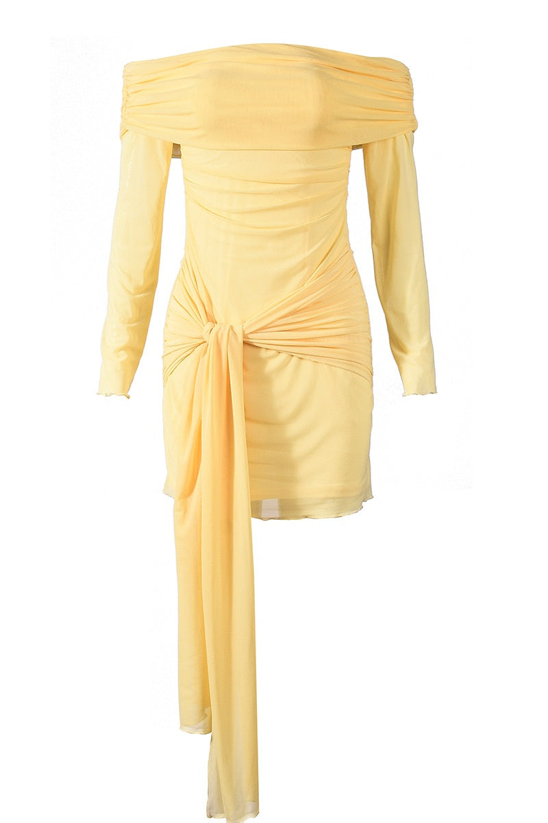 Yellow Off-the-shoulder Long-Sleeve Mini Dress