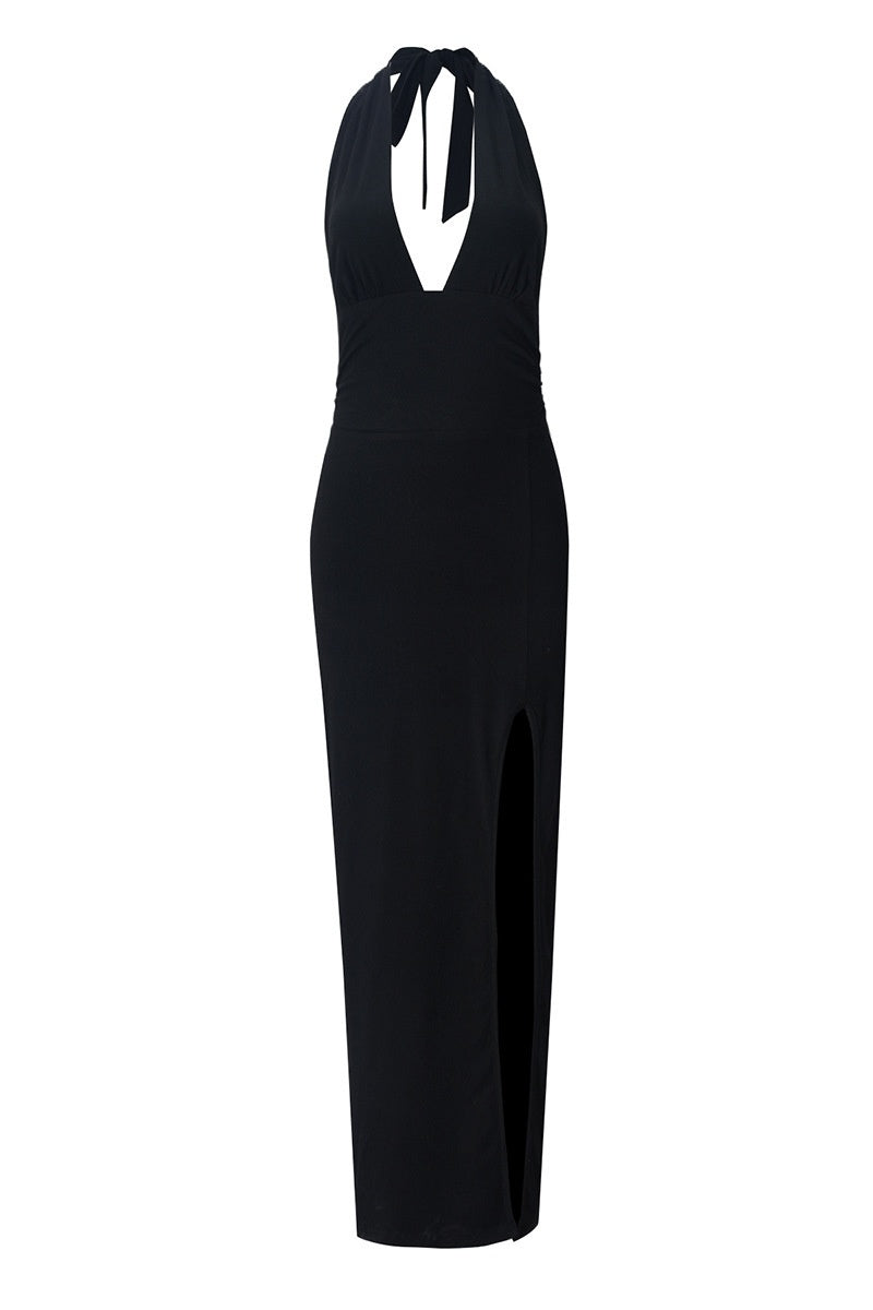 Black Halter Tie Open Back V-neck Dress