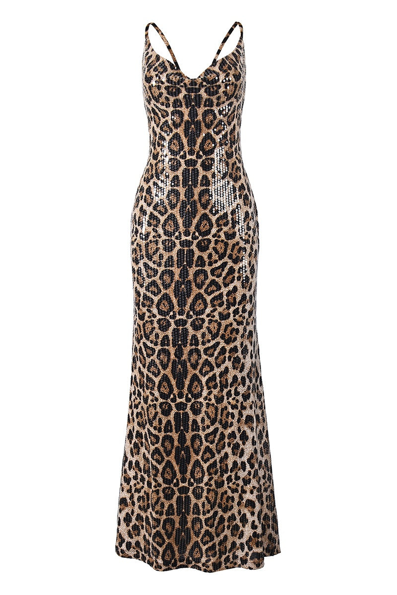 Leopard Print Cowl Sequin Long Dress