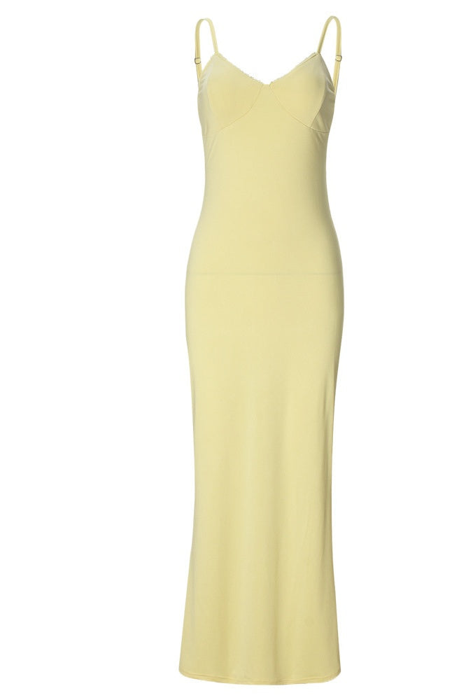 Yellow Spaghetti Straps Fitted Long Dress