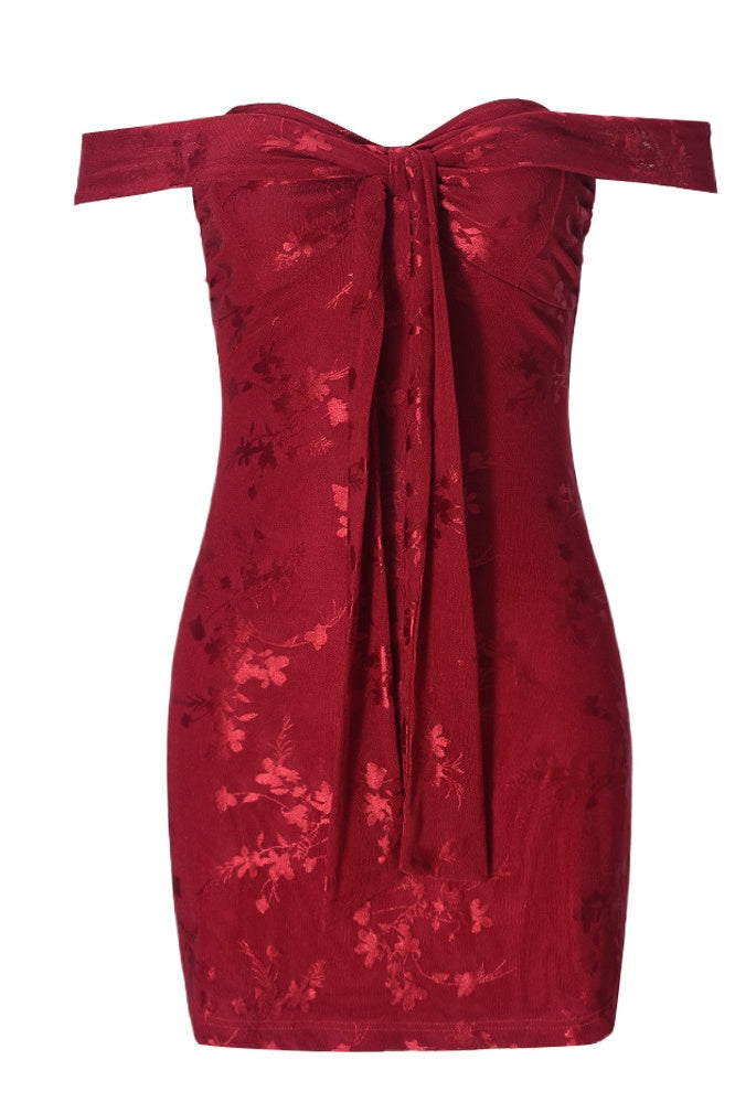 Red Printed Off-the-shoulder Tie-front Dress