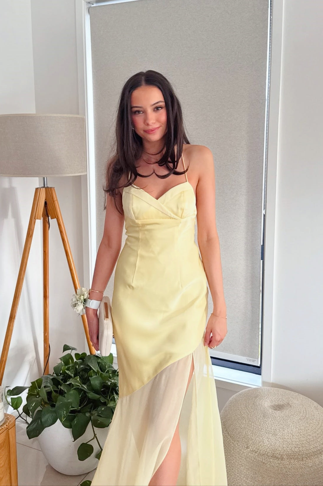 Yellow Mesh Panels Long A-line Dress – Dressesforparty