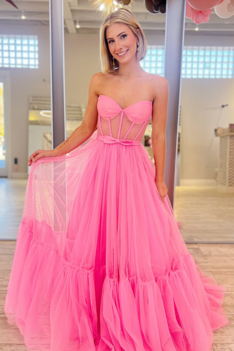 Hot Pink Tulle Sweetheart A-line Prom Dress