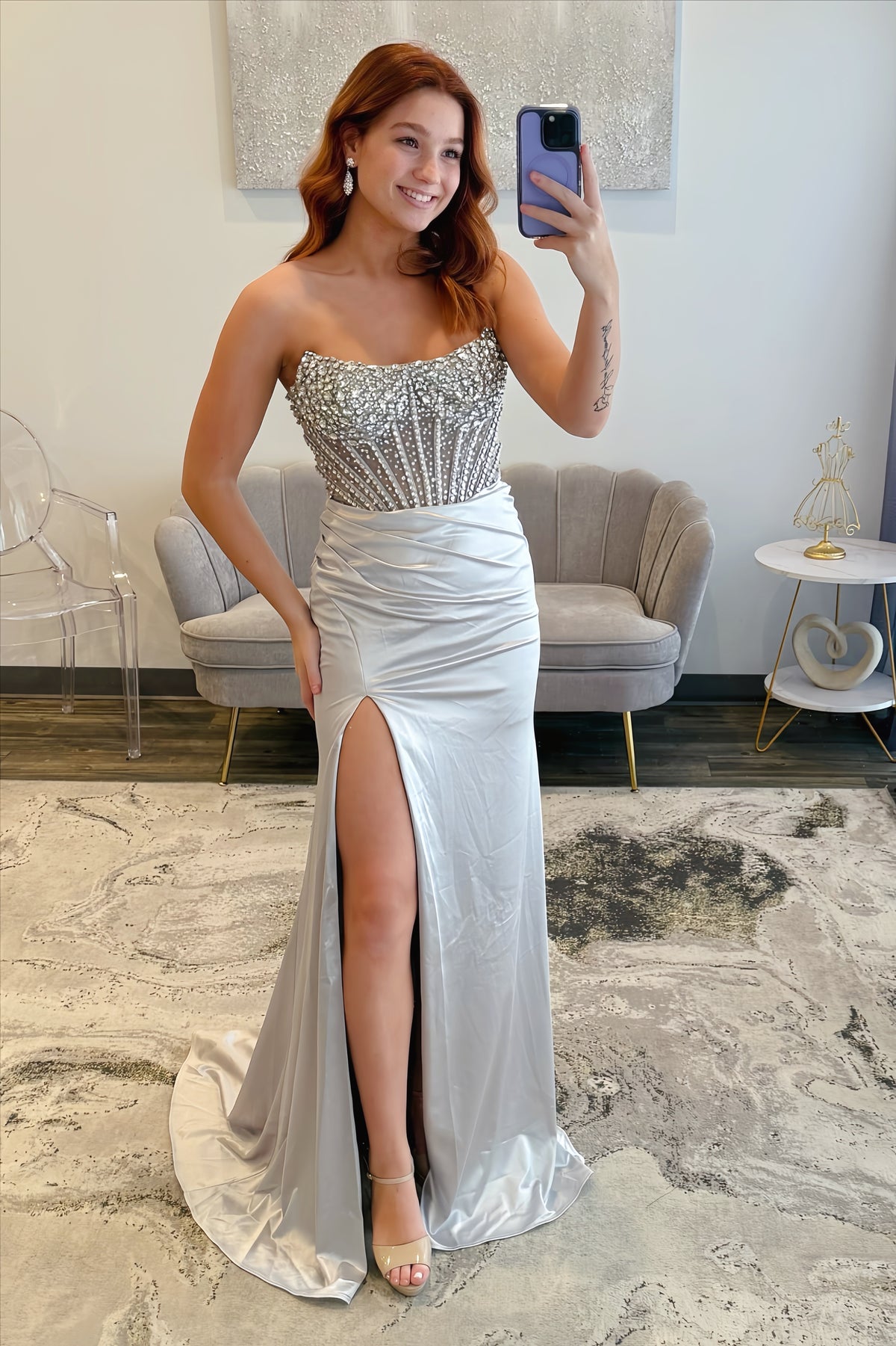Silver Strapless Beaded Mermaid Prom Dress