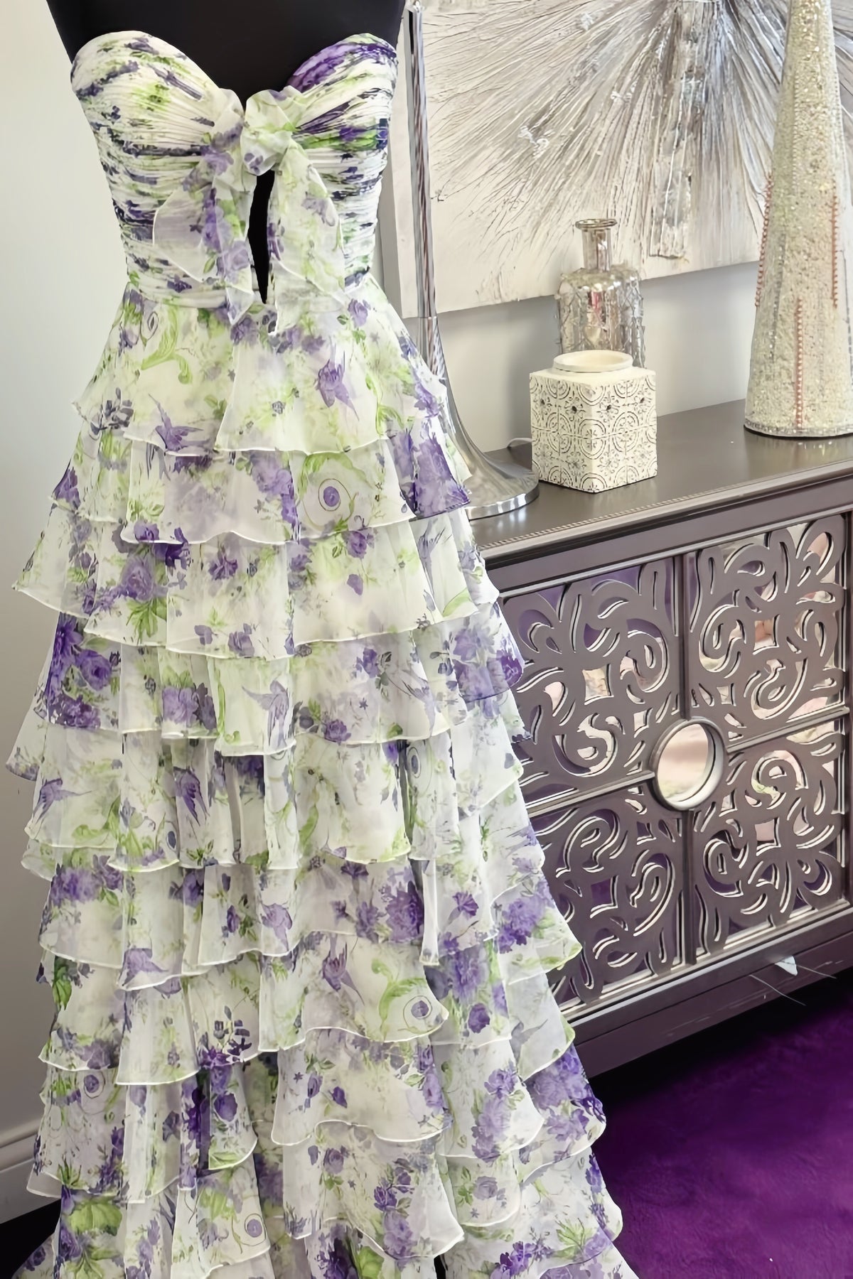 Sweetheart Floral Bow A-line Ruffle Prom Dress