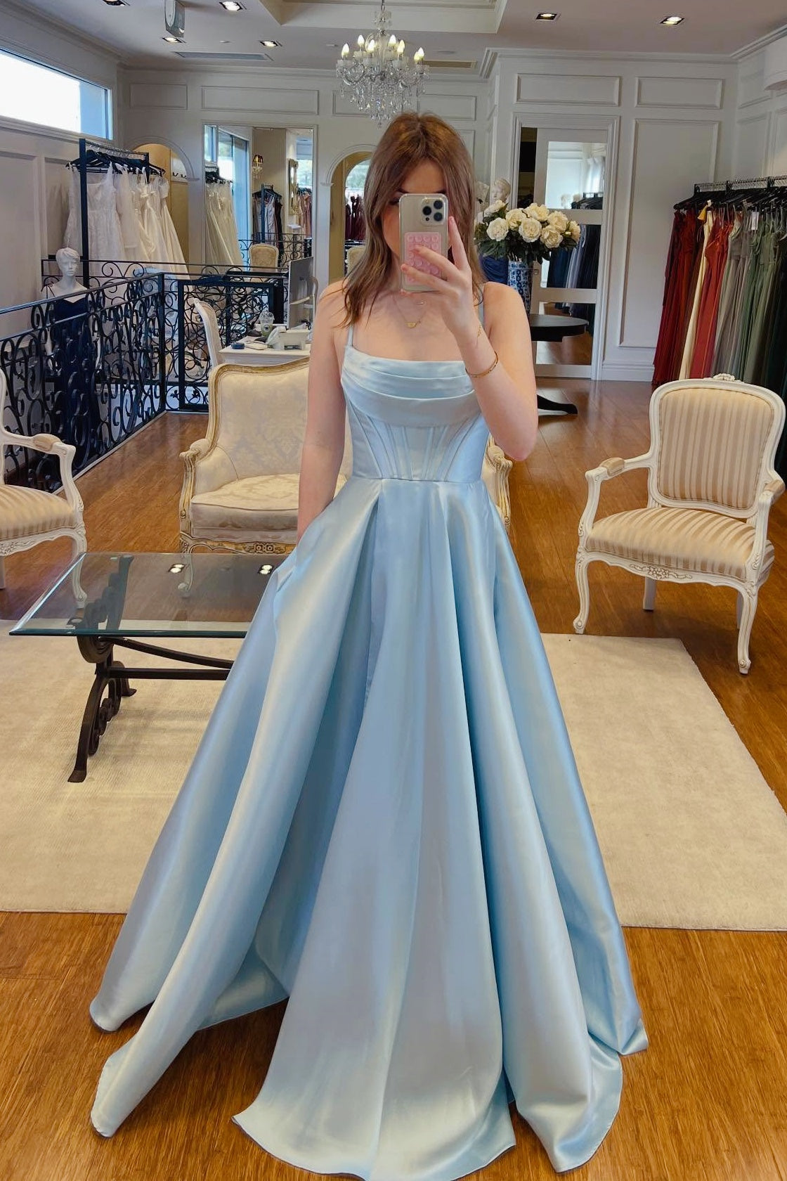 Light Blue Satin Spaghetti-Strap A-Line Ball Gown – Dressesforparty