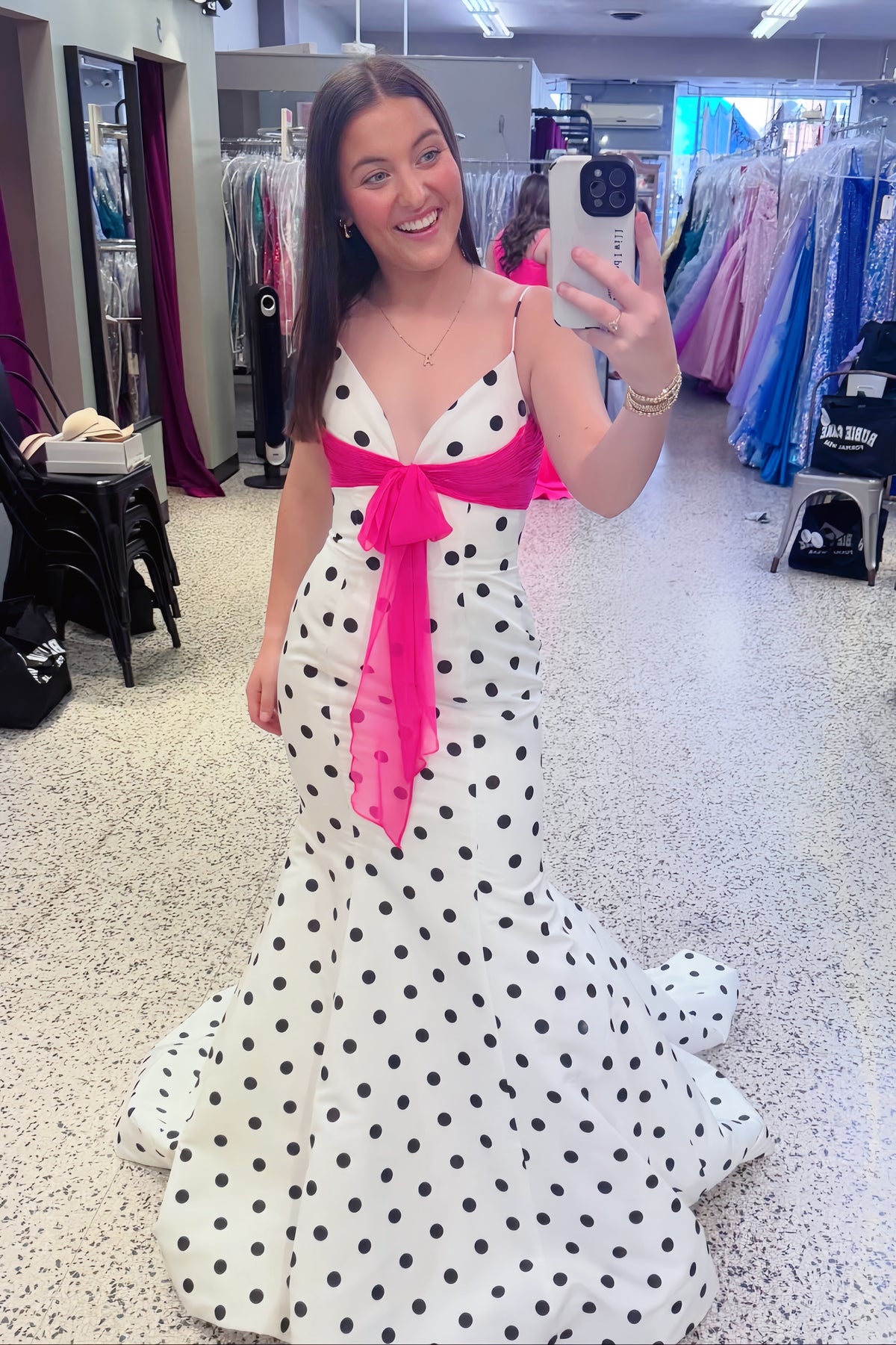 White Polka Dot Spliced with Magenta Mermaid Dress
