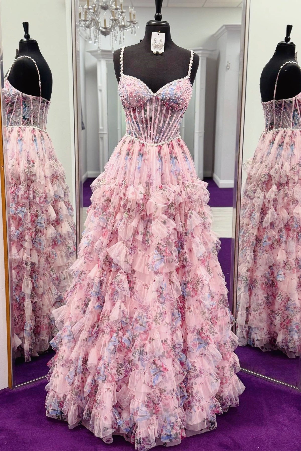 Pink Floral Tulle Beaded A-line Prom Dress