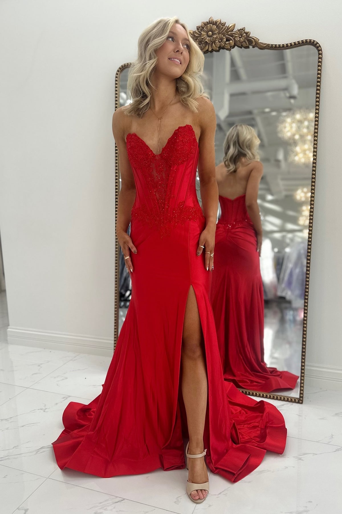 Red Embroidered Print with Beaded Mermaid Dress