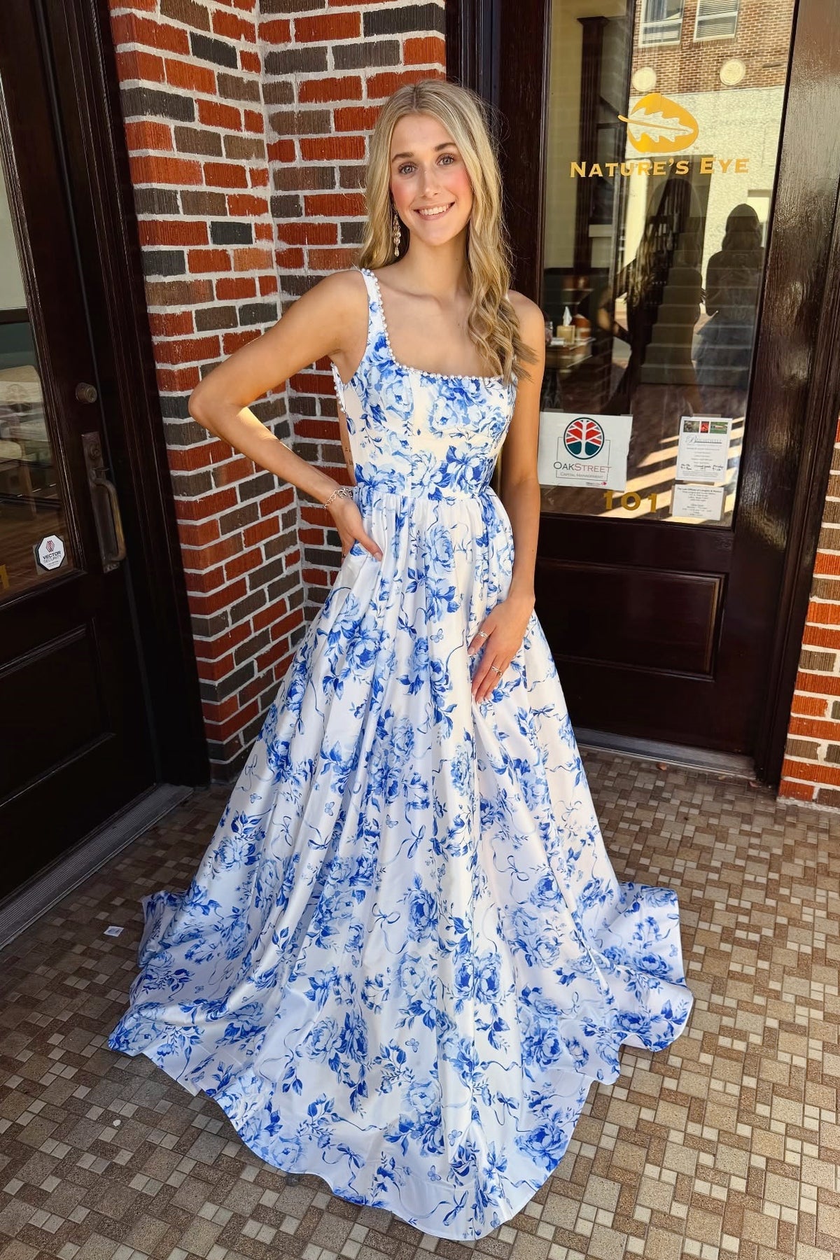 Blue Print Floral Beaded A-line Dress