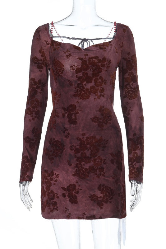 Maroon Printed Rhinestone Long Sleeves Mini Dress