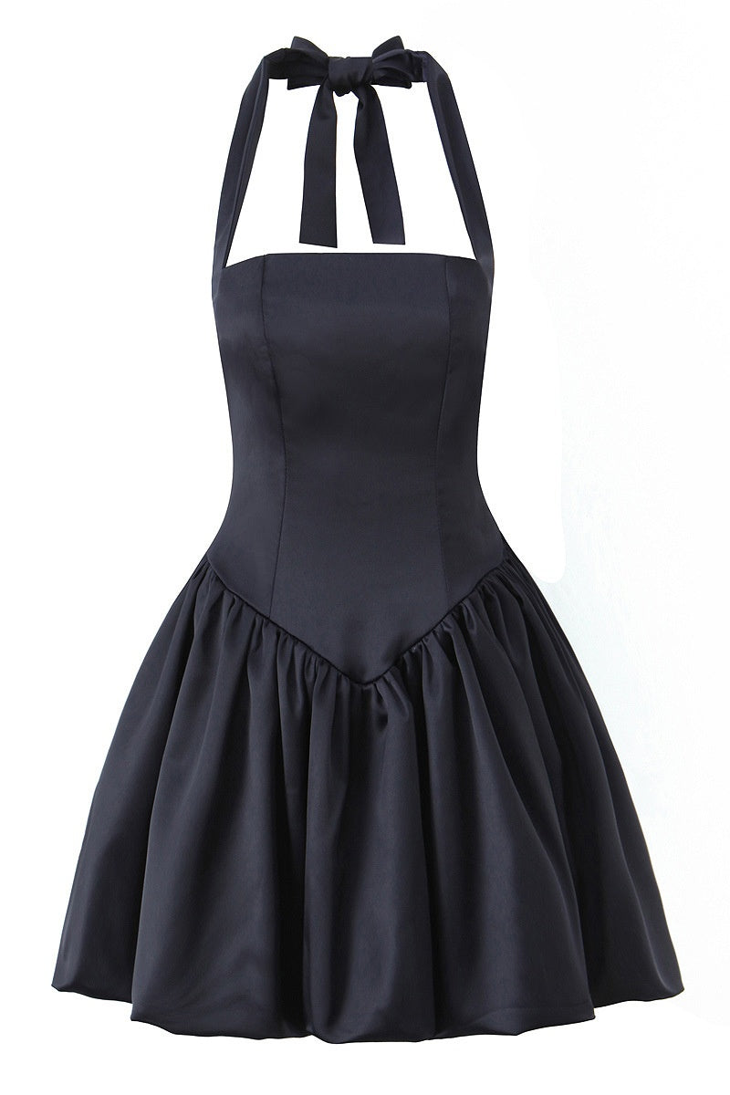 Black Halter Tie A-line Bubble Dress