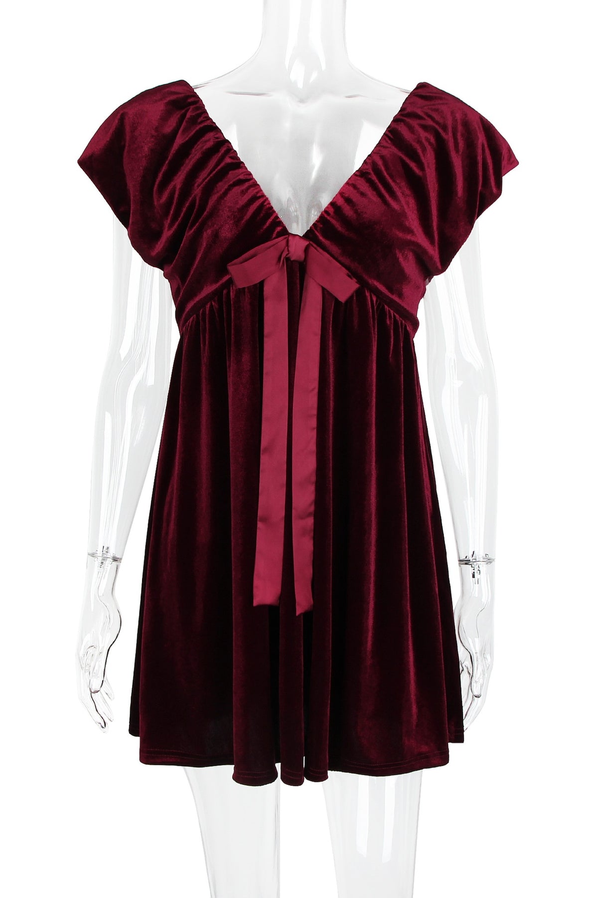 Burgundy A-line Satin Bow Mini Dress