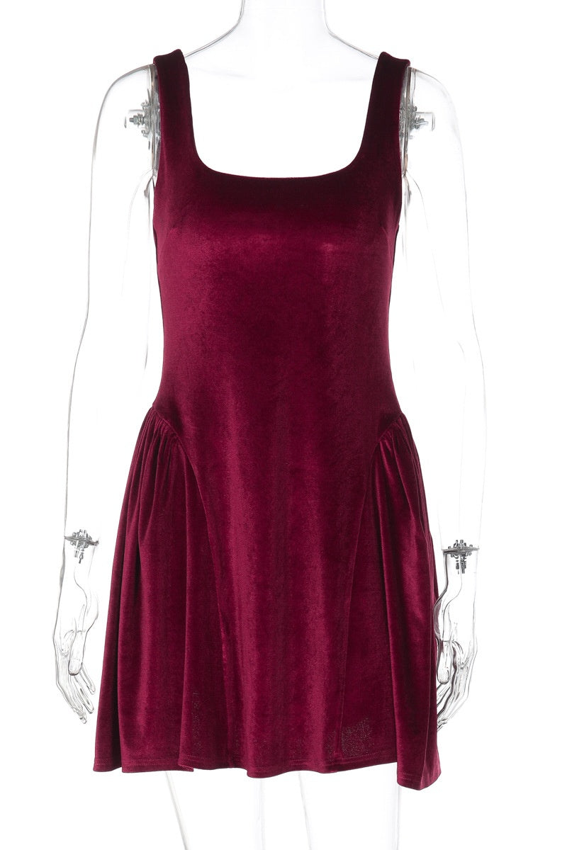 Burgundy Velvet A-line Mini Dress