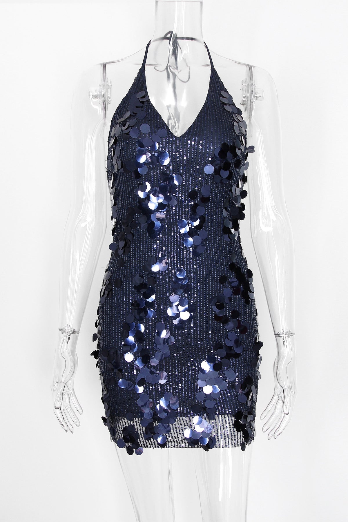 Navy Blue Sequin Halter Tie Mini Dress