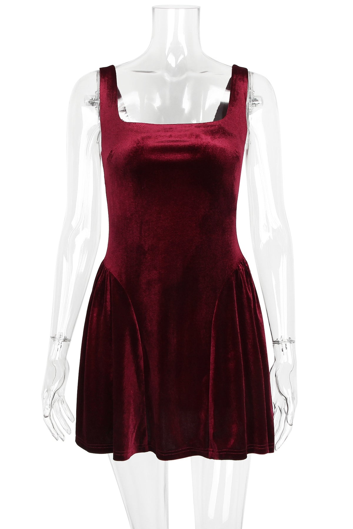 Burgundy Square Velvet A-line Mini Dress