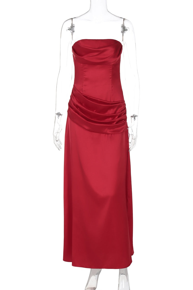 A-line Ruched Satin Strapless Long Dress