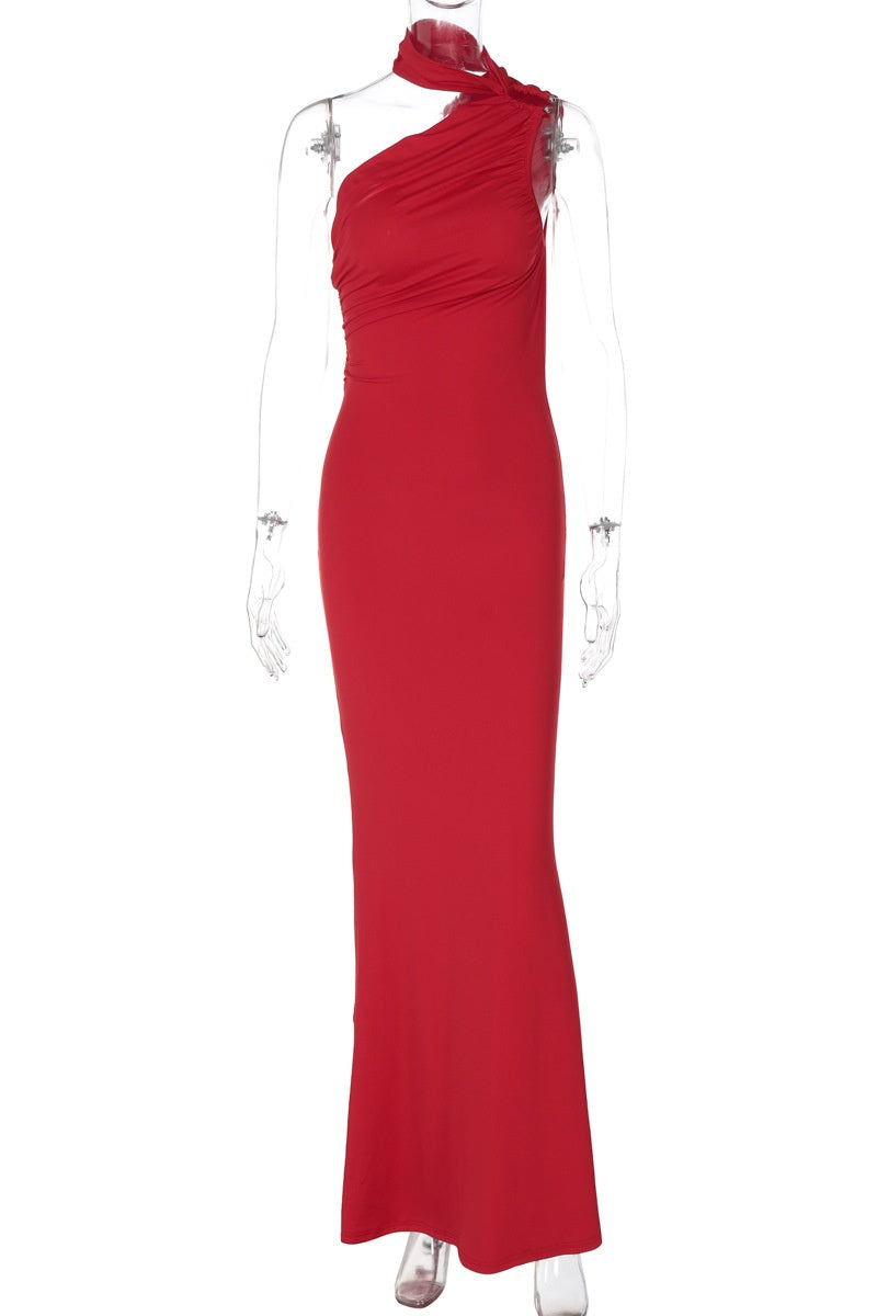 One-shoulder Halter Metal Ring Long Dress