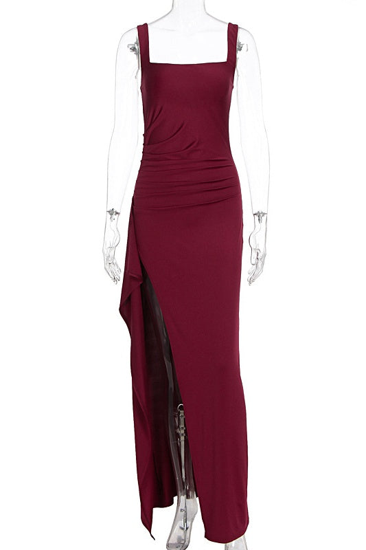 Burgundy Square Side Slit Long Dress