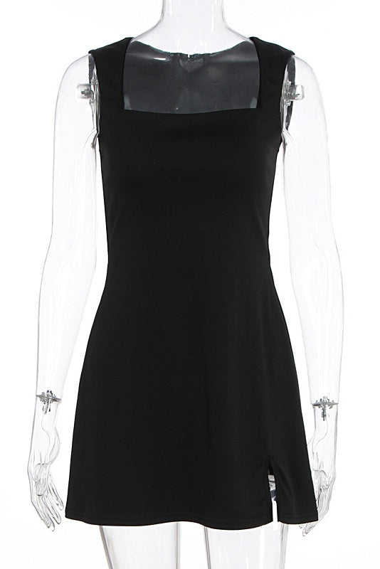 Black Side Slit Square A-line Mini Dress