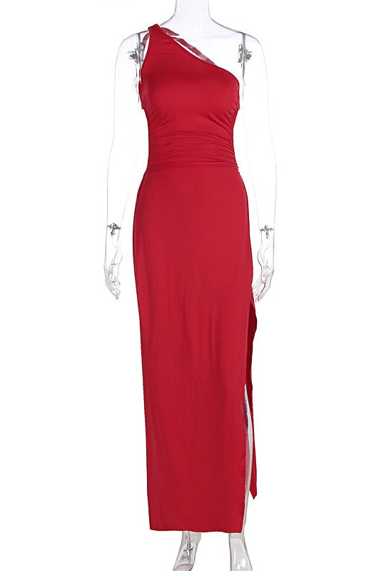 Red One-shoulder Side Slit Long Dress