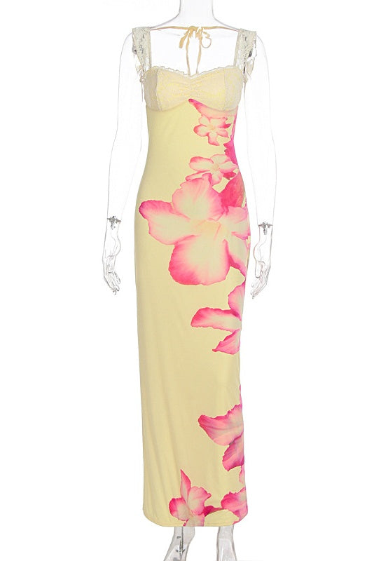Yellow Print Lace-print Straps Long Dress