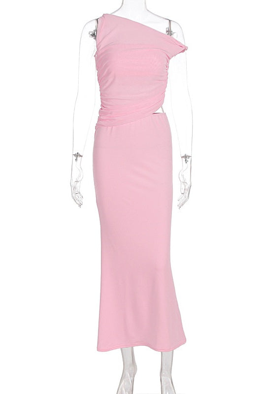 Pink Waist Cut-out Asymmetric One-shoulder Dress