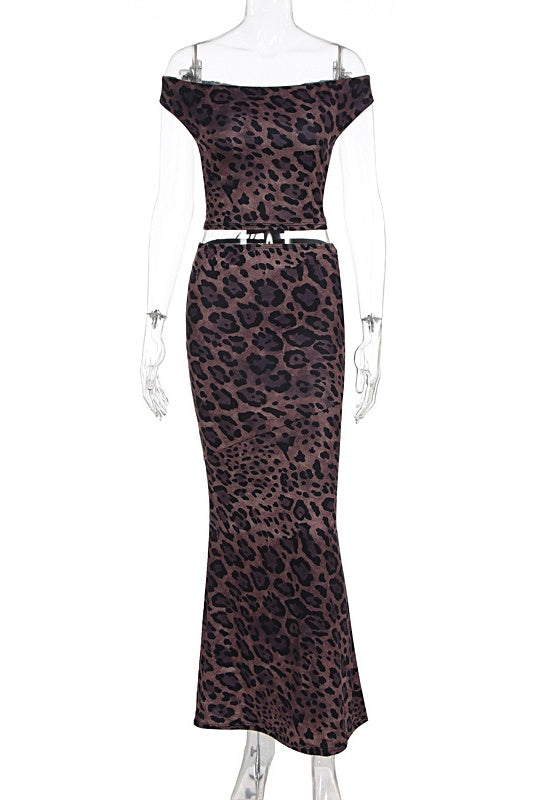 Off-shoulder Leopard Print Slim Fit Two-Piece Set