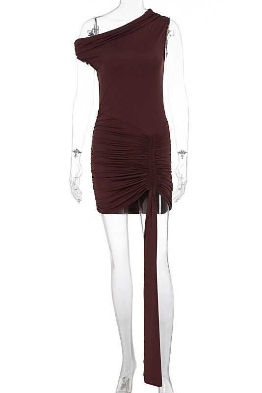 Asymmetric Neckline Ribbon Drawstring Mini Dress
