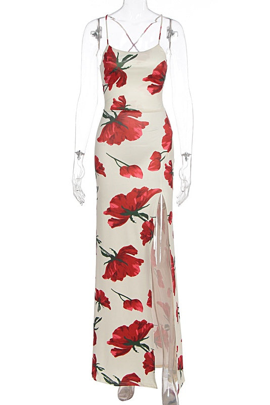 Print Spaghetti Straps Side Slit Dress