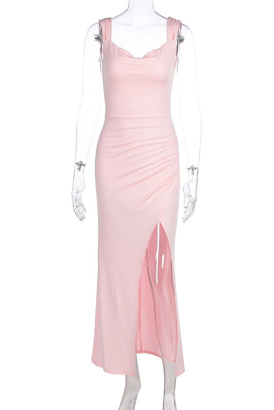 Light Pink Cowl Side Slit Bodycon Dress