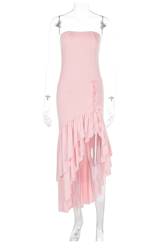 Pink Strapless Asymmetric Ruffle Hem Long Dress